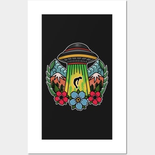 Tattoo Art Alien UFO Abduction hand drawn Coloured Posters and Art